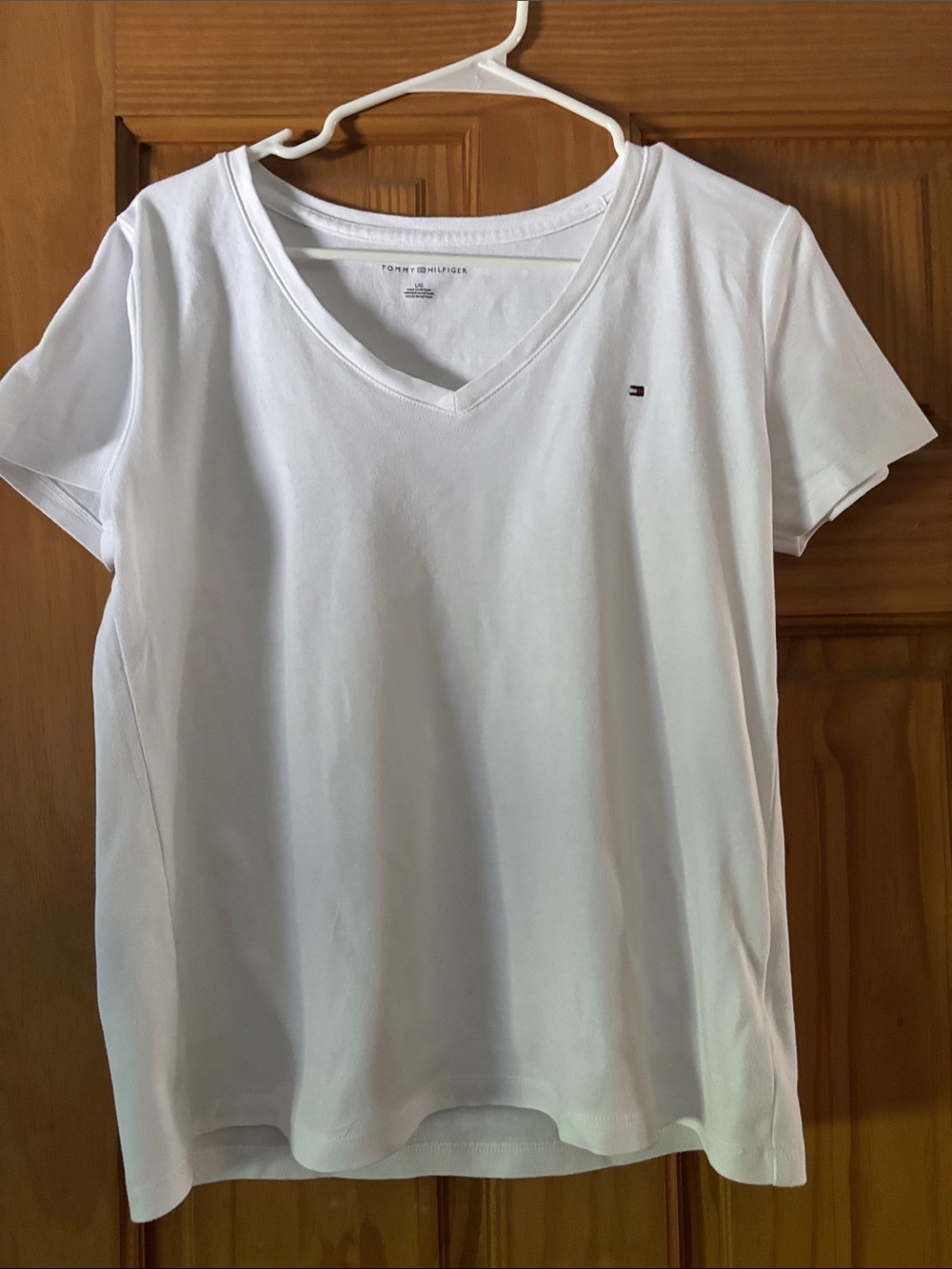 Tommy Hilfiger White V-Neck Short Sleeve Tee with Flag Logo